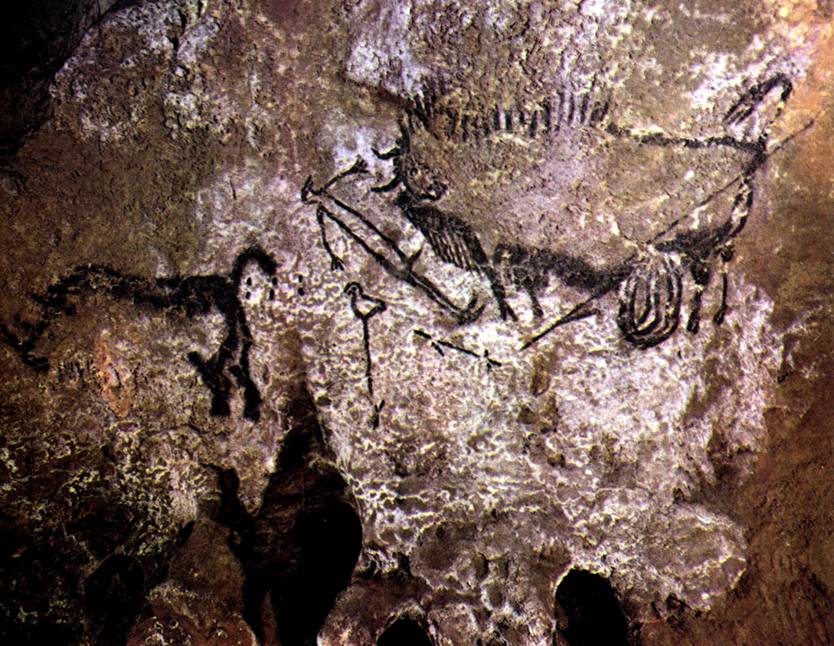 Загадочный рисунок в пещере Ласко изображает человека с птичьей головой, птицу на шесте, зубра с вспоротым брюхом и носорога (слева). Рисунок находится на дне провала, и это заставляет предположить, что для него нарочно было выбрано труднодоступное место, возможно, в какой-то связи с обрядом инициации