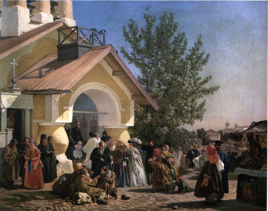 картина Выход из церкви в Пскове