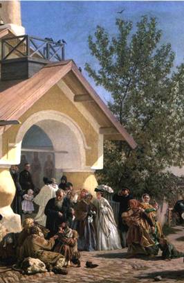 картина Выход из церкви в Пскове