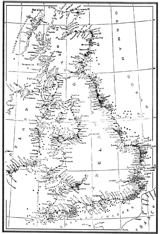 Карта Великобритании с указанием мест крушений кораблей