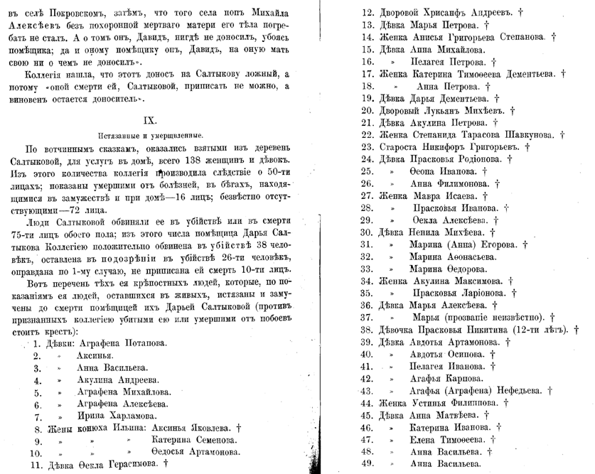 Список жертв убитых и замученных Салтычихой