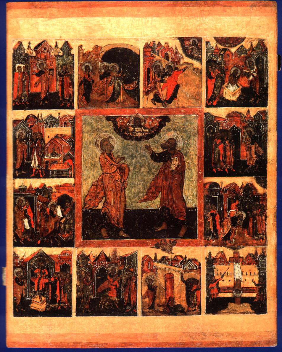икона Первоверховные апостолы Петр и Павел, с деяниями в 12 клеймах. 17 век. Русский север