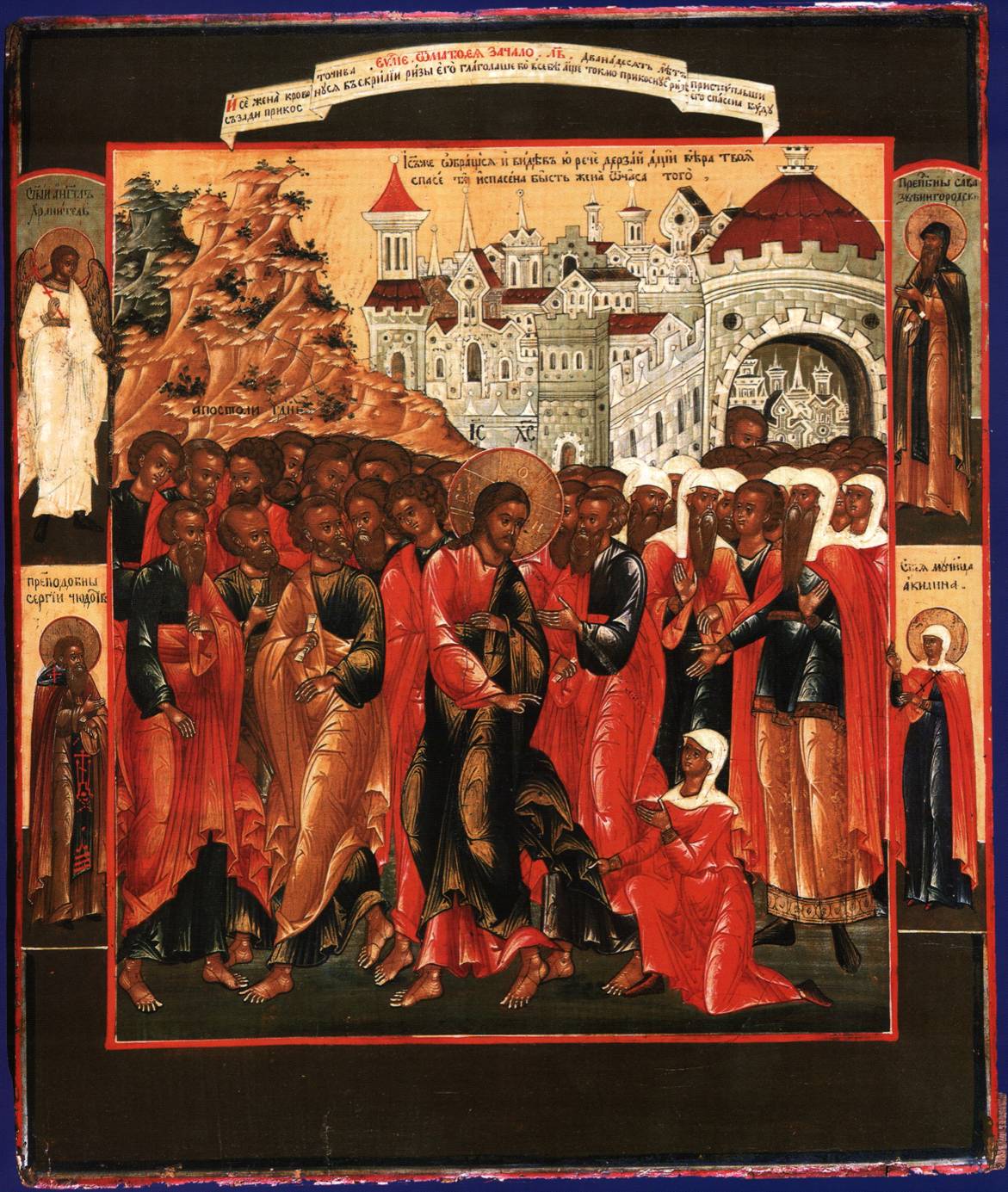 кипарисовая икона Исцеление кровоточивой жены, с Ангелом-хранителем и тремя святыми на полях