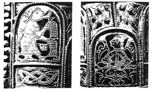 Изображение плясуньи и скомороха с гуслями на обруче из Старой Рязани