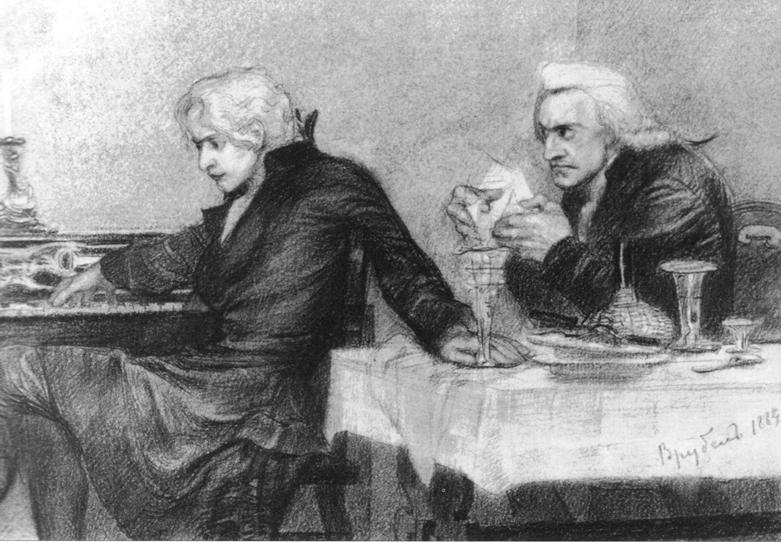 Сальери всыпает яд в бокал Моцарта