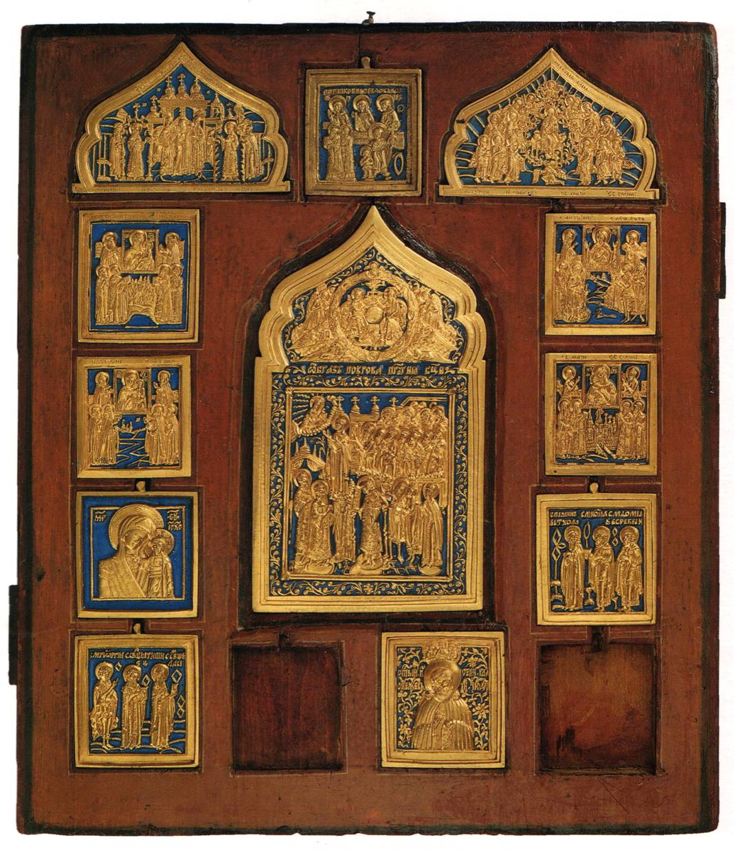 Медные эмалевые иконы («Покров Пресвятой Богородицы», поклонение иконам Богоматери, избранные святые) врезанные в доску. 19 век
